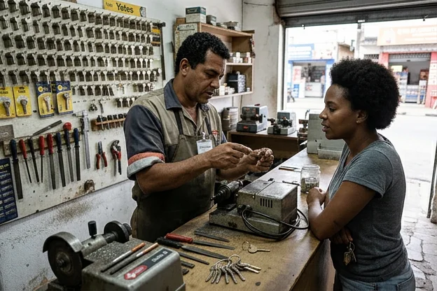 Chaveiro conversando com um cliente sobre os serviços em Lauro de Freitas.