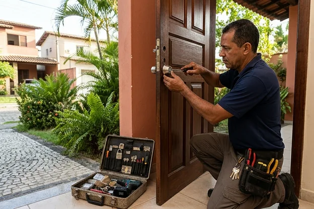 Chaveiro instalando fechaduras modernas em uma residência em Lauro de Freitas.