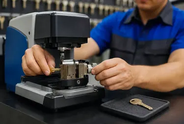 Chaveiro operando uma máquina de cópia de chaves em Lauro de Freitas.