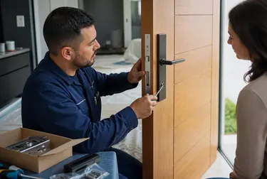 Chaveiro realizando a instalação de uma fechadura em uma porta em Lauro de Freitas.