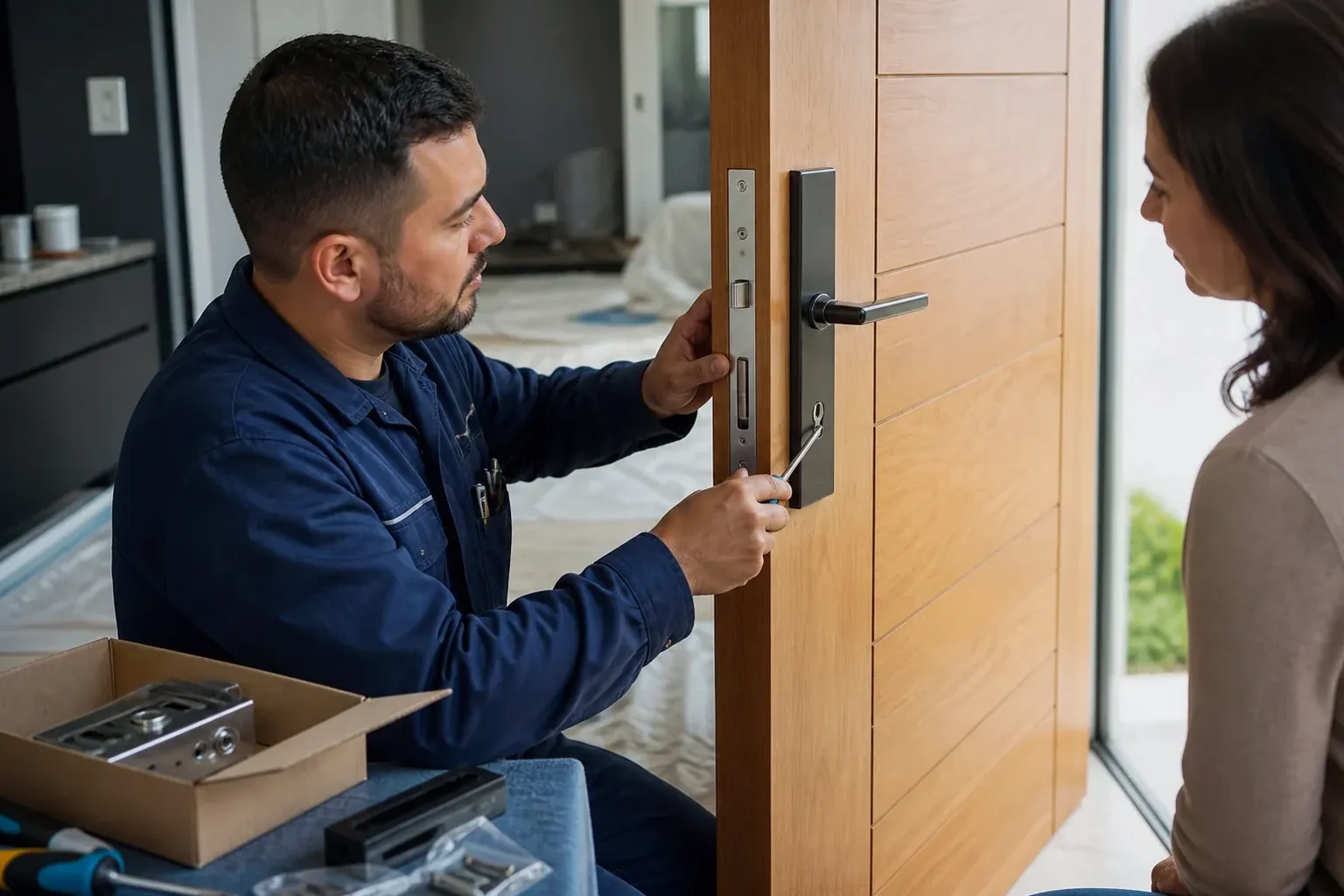 Chaveiro realizando a instalação de uma fechadura em uma porta em Lauro de Freitas.